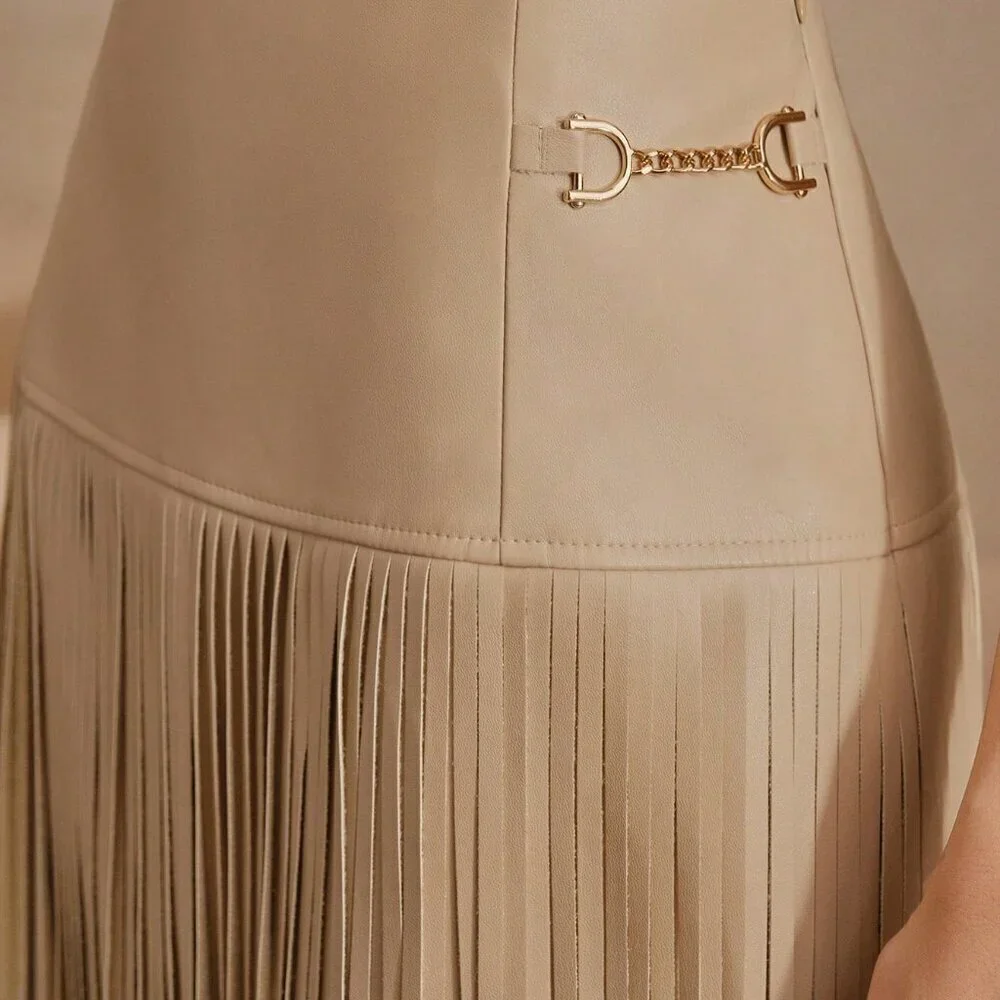 Beige Boho Women's Versatile Midi High Waisted Soft Leather Fringed Skirt - Picture 2 of 6